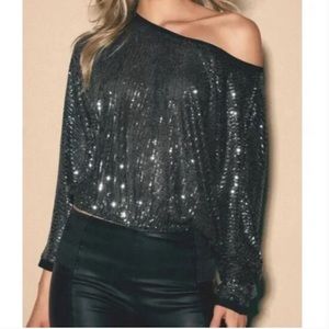 Lulus Sequins Of Events Sparkle Top In Gun Metal Elastic Hem Black XL
